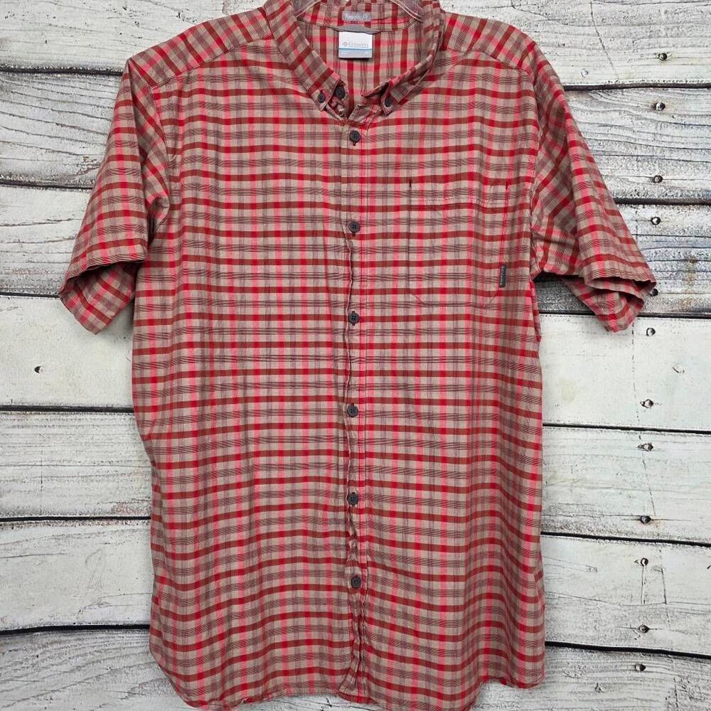 Columbia Plaid Button Down Shirt Red Tan XL